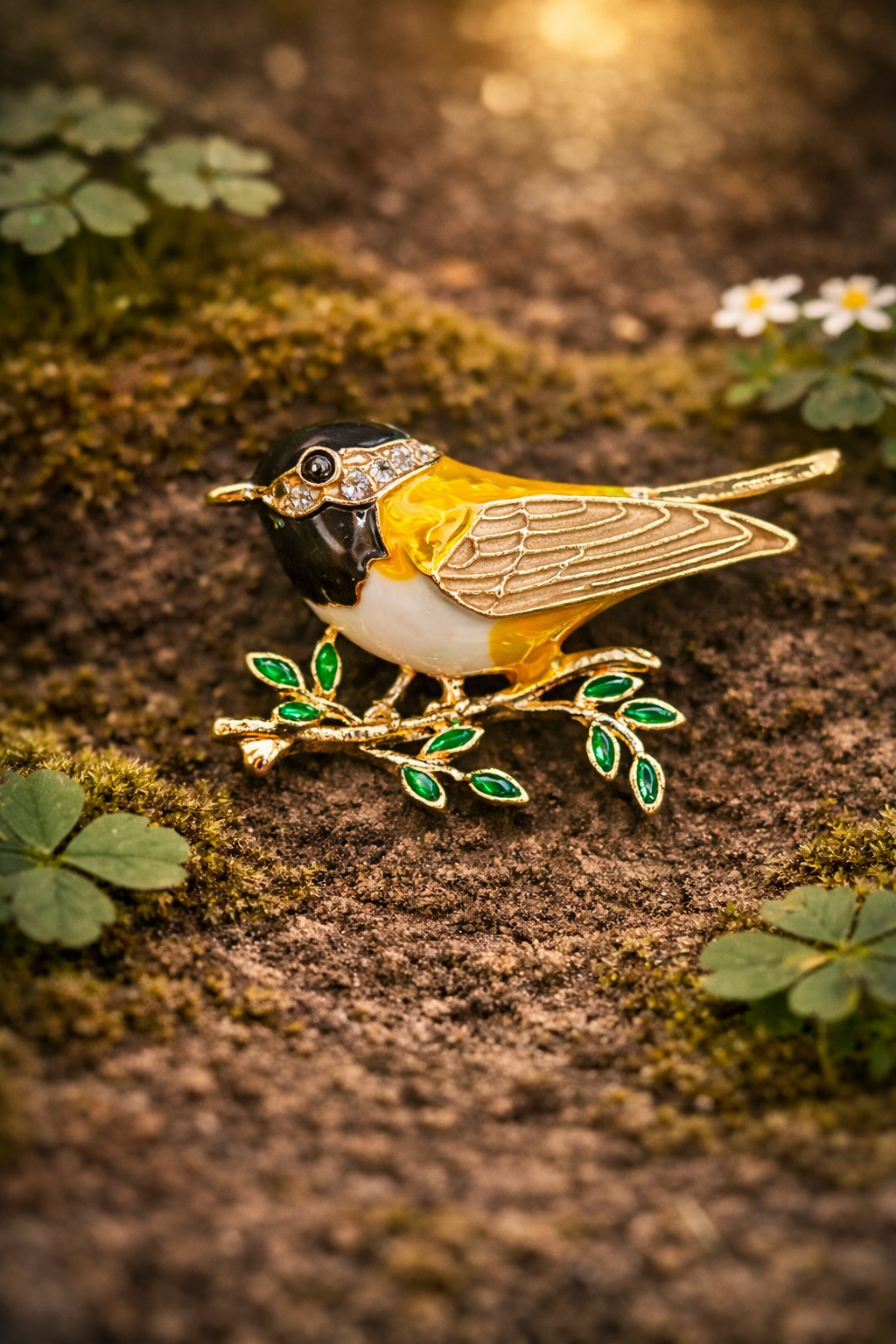 Gold Tone Enamel Songbird Brooch Yellow and White Bird on Branch Pin