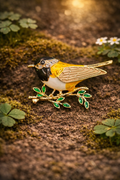 Gold Tone Enamel Songbird Brooch Yellow and White Bird on Branch Pin