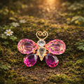 Gold Tone Pink Crystal Butterfly Brooch With Faceted Stones