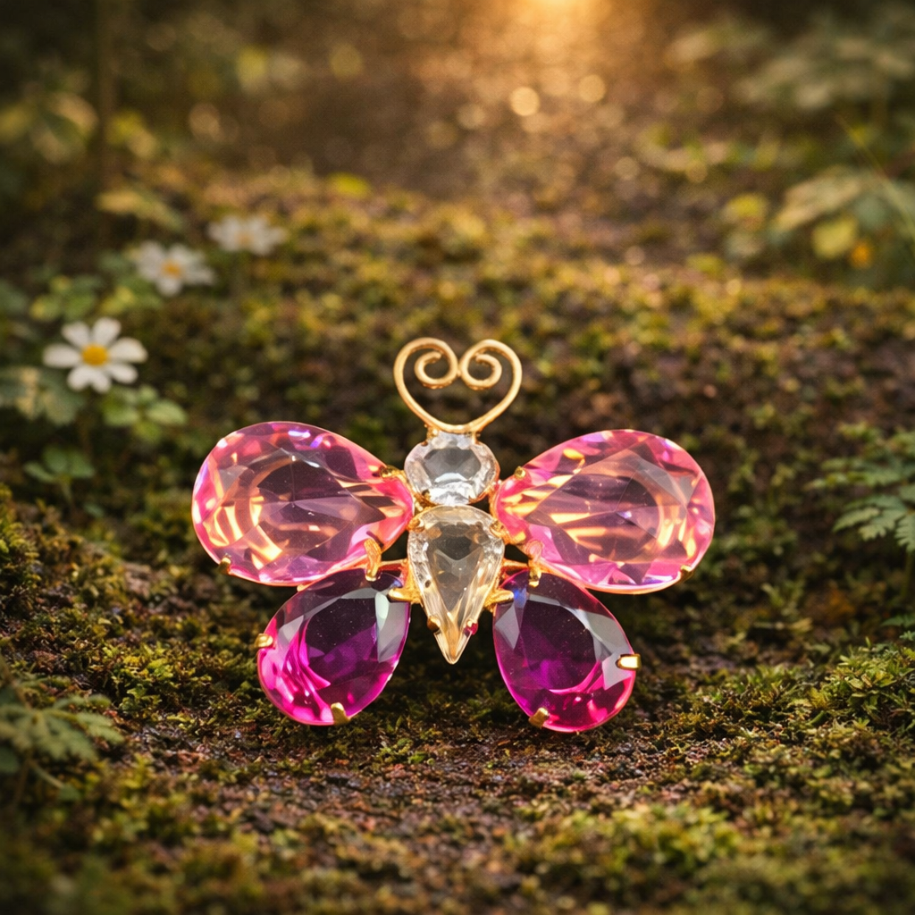 Gold Tone Pink Crystal Butterfly Brooch With Faceted Stones