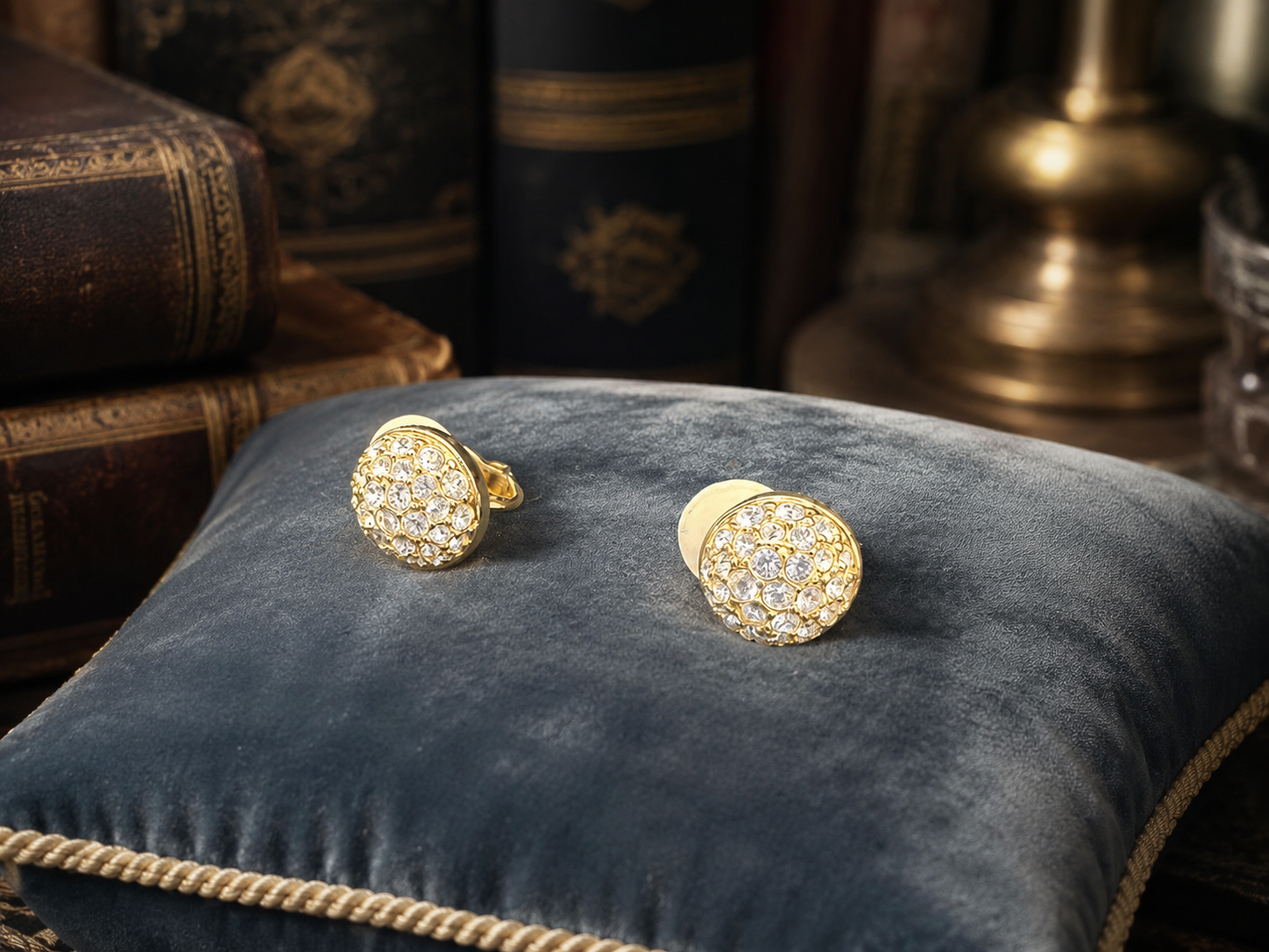 Swarovski Gold Tone Crystal Dome Clip Earrings | Signed Designer Button Earrings
