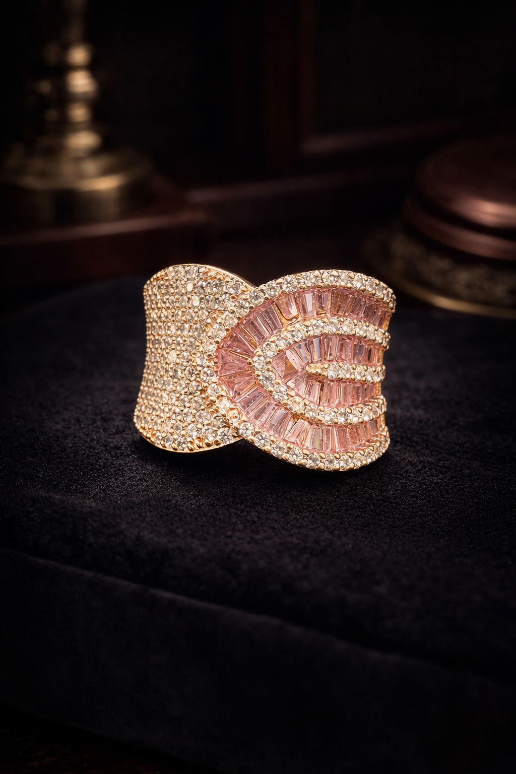 Rose Gold Tone Pink Crystal Statement Ring Baguette Wave Cocktail Design