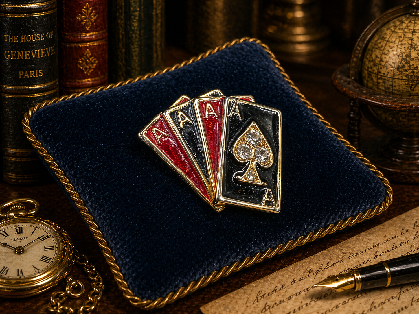 Gold tone enamel playing card brooch with clear rhinestones
