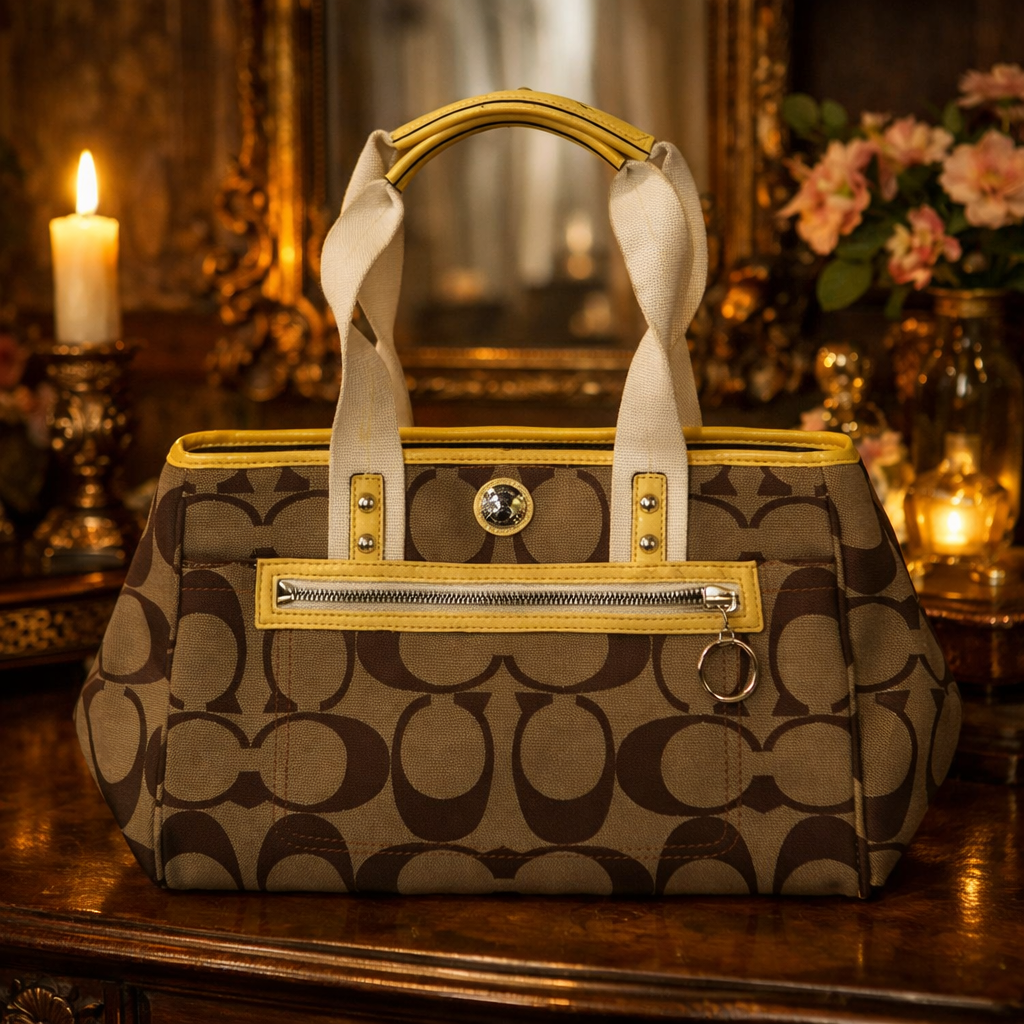 Coach Signature C Canvas Satchel | Khaki & Brown Structured Top Handle Handbag with Turnlock Accent
