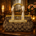 Coach Signature C Canvas Satchel | Khaki & Brown Structured Top Handle Handbag with Turnlock Accent