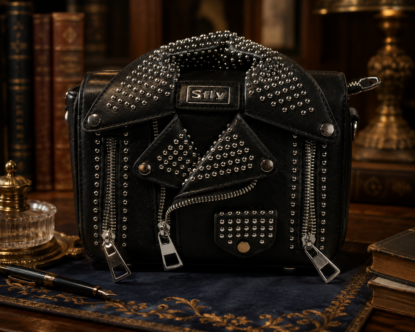 Sfly Black Studded Moto Jacket Crossbody Clutch Bag