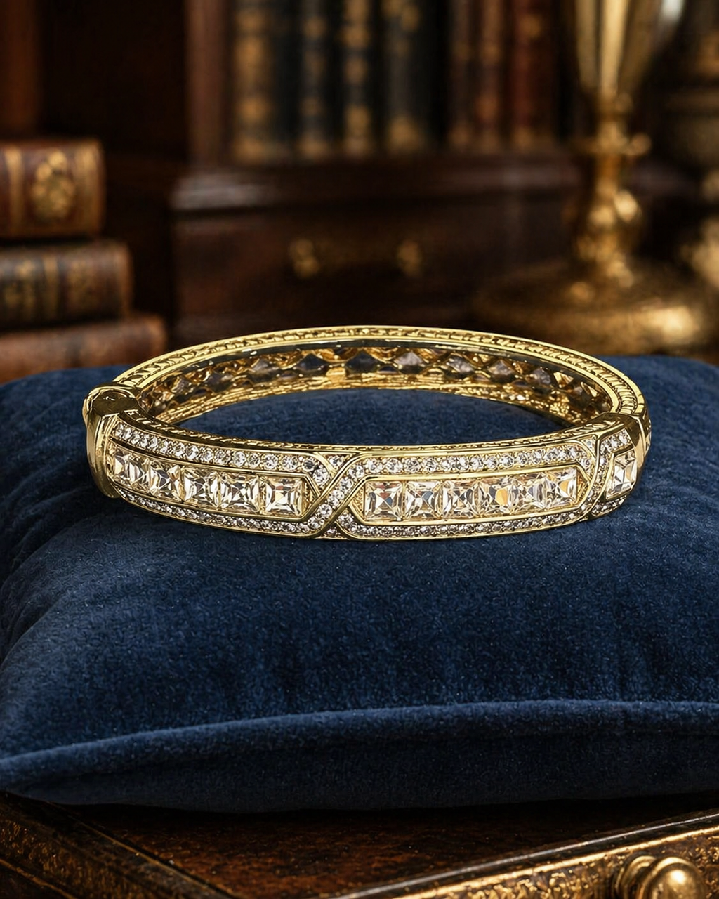 Heidi Daus Crystal Bangle Bracelet Gold Tone Hinged Cuff Clear Rhinestone Statement Designer