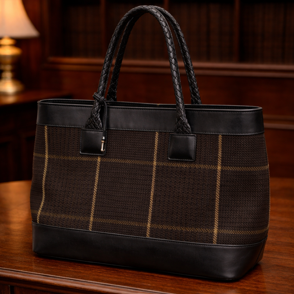 (SOLD) Vintage Lauren Ralph Lauren Plaid Tote Bag Leather Trim Braided Handles Classic Preppy Handbag