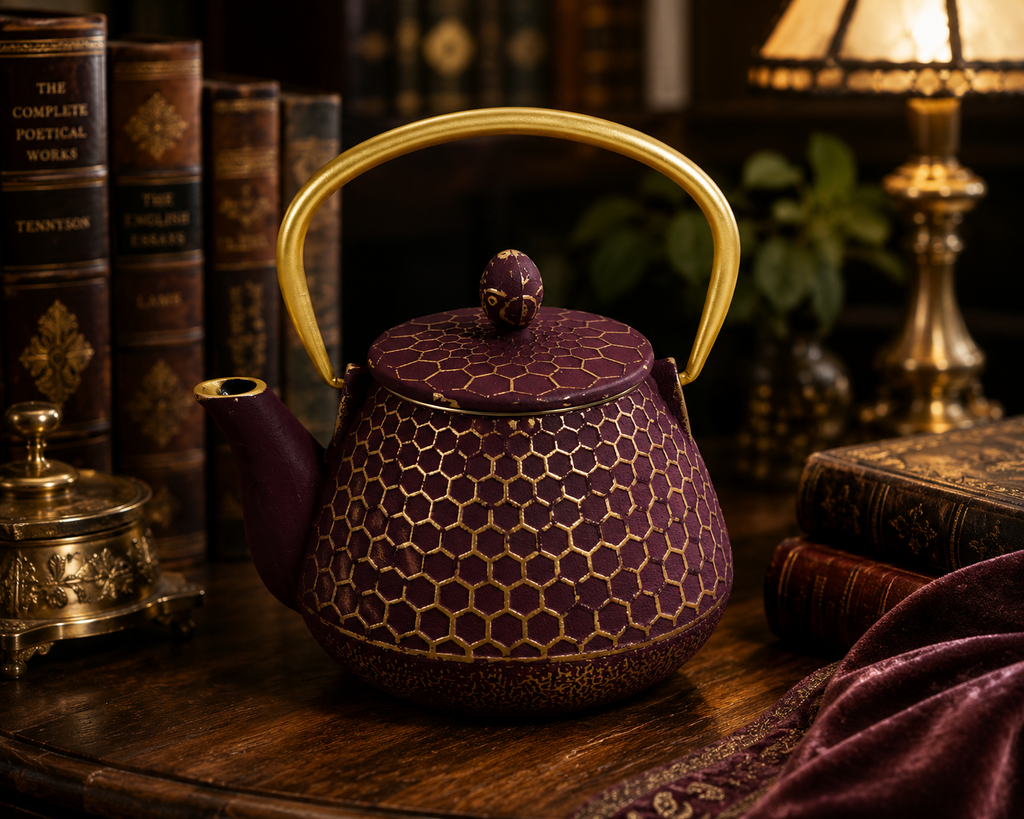 Gracious Home Kitchen Purple Gold Honeycomb Cast Iron Mini Teapot with Infuser