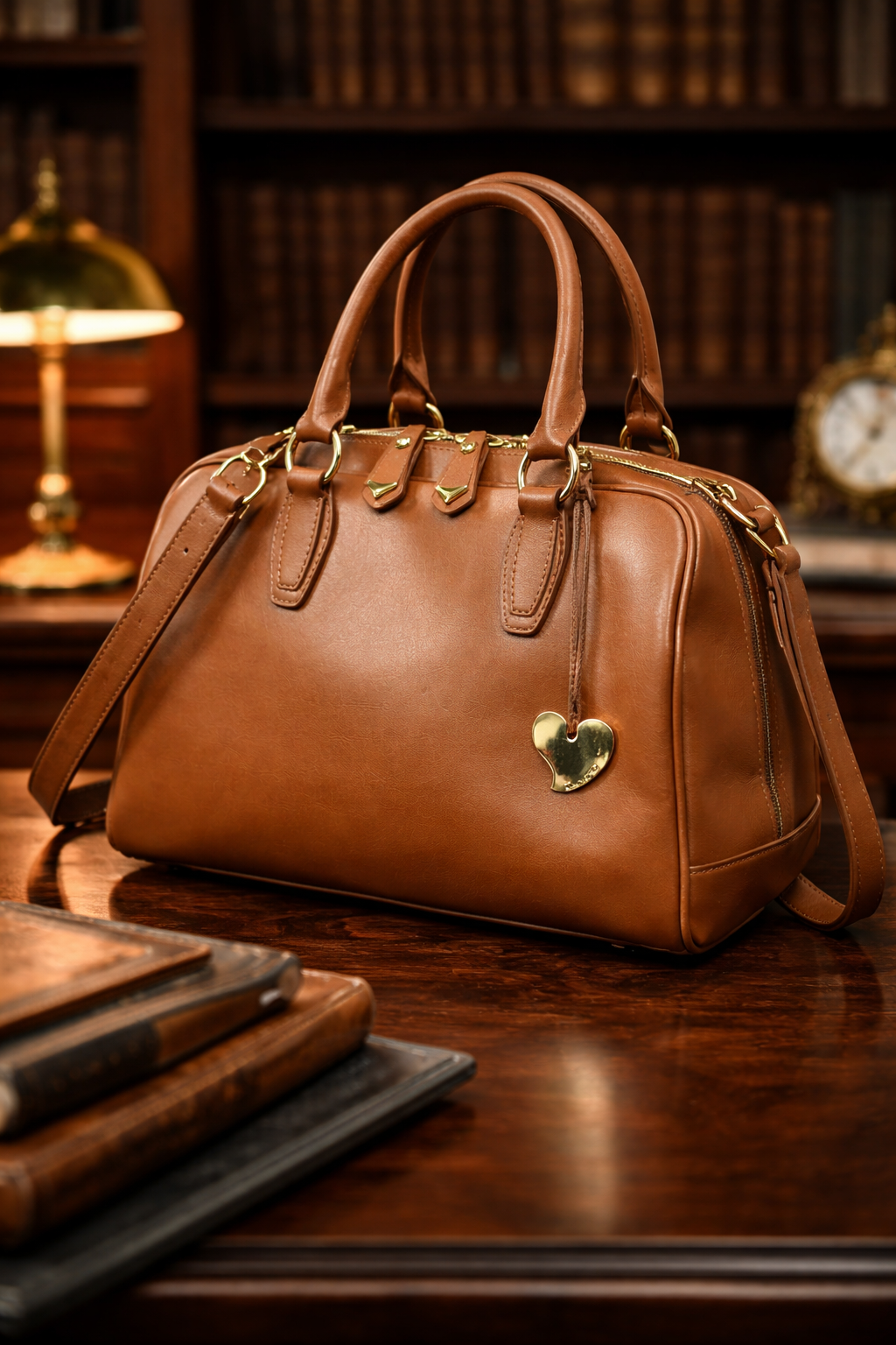 Cuore & Pelle Caramel Brown Structured Satchel Bag With Shoulder Strap Top Handle Purse