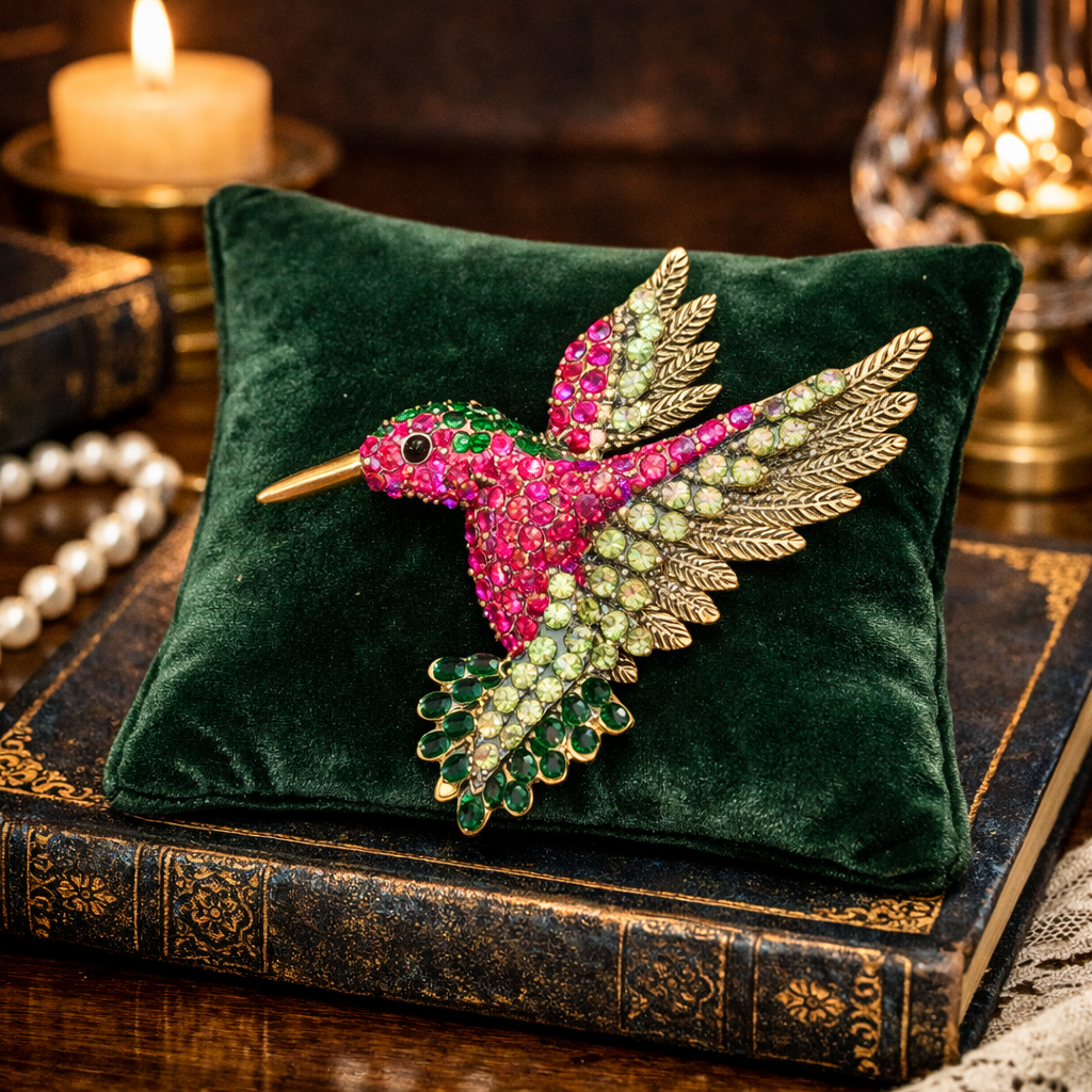 Vintage Pink & Green Rhinestone Hummingbird Brooch Pin | Gold Tone Crystal Figural Bird Statement Jewelry