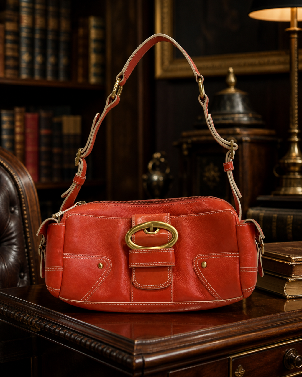 Maxx New York Tangerine Leather Shoulder Bag with Gold-Tone Buckle Accent