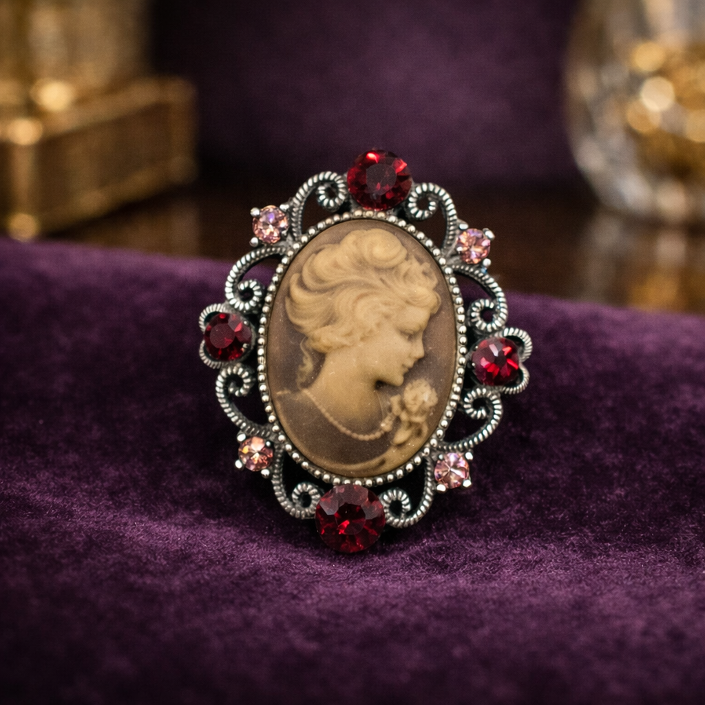 Vintage Victorian Revival Cameo Brooch with Pink & Purple Rhinestone Scroll Frame | Oval Portrait Pin