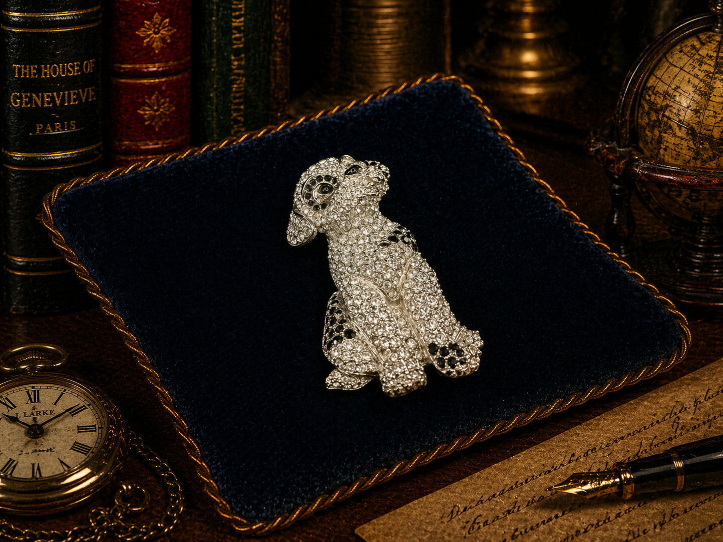 Swarovski silver tone dog brooch with clear and black crystals