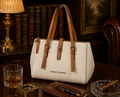 Dooney & Bourke White Pebbled Leather Tote – Tan Trim Shoulder Bag w/ Colorful Chevron Interior