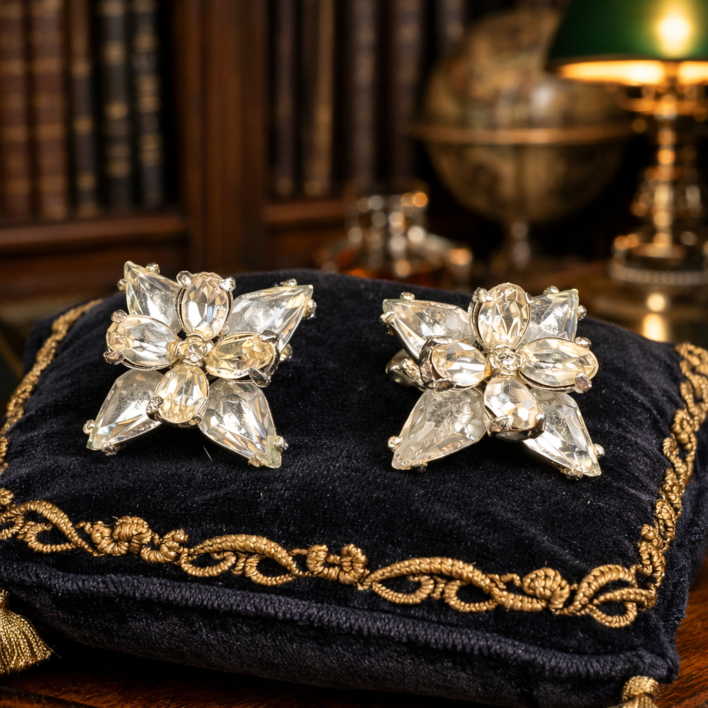 Vintage Signed Hollycraft Silver Tone Crystal Floral Cluster Clip Earrings Rhinestone Starburst