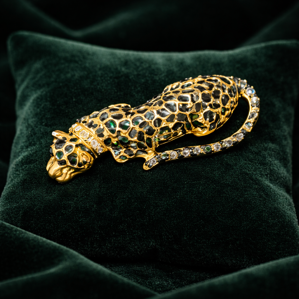 Vintage Black Enamel Panther Brooch with Gold Tone Rhinestone Collar, Figural Cat Pin