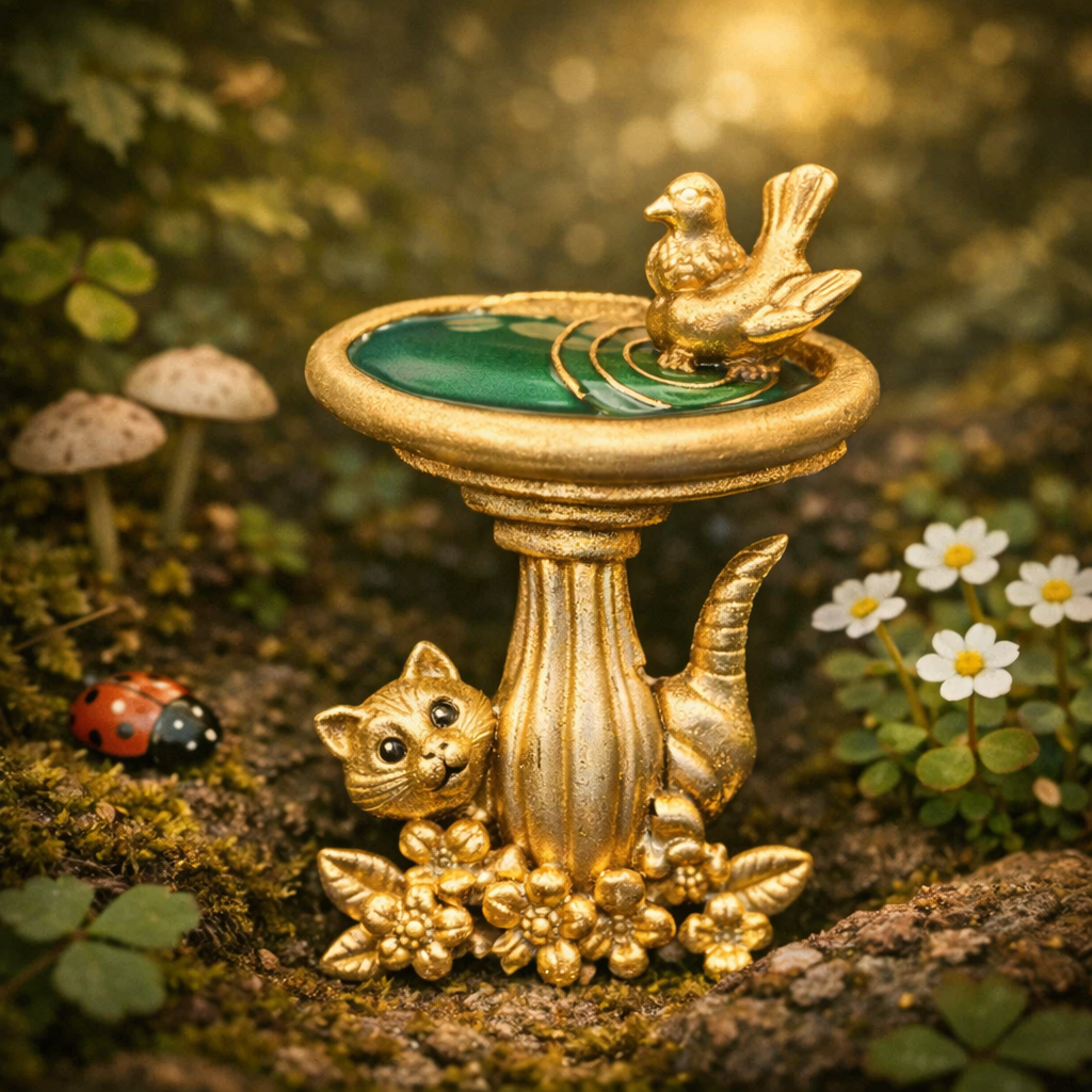 Vintage Gold Tone Cat and Bird Bath Brooch with Green Enamel Basin, Whimsical Garden Scene Figural Pin