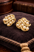 Vintage Trifari Gold Tone Faux Pearl Swirl Clip Earrings Elegant Designer Statement Jewelry