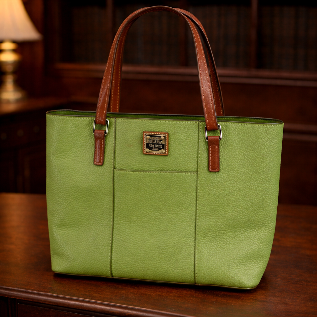 Dooney & Bourke Green Pebbled Leather Tote Bag Brown Straps Red Lining