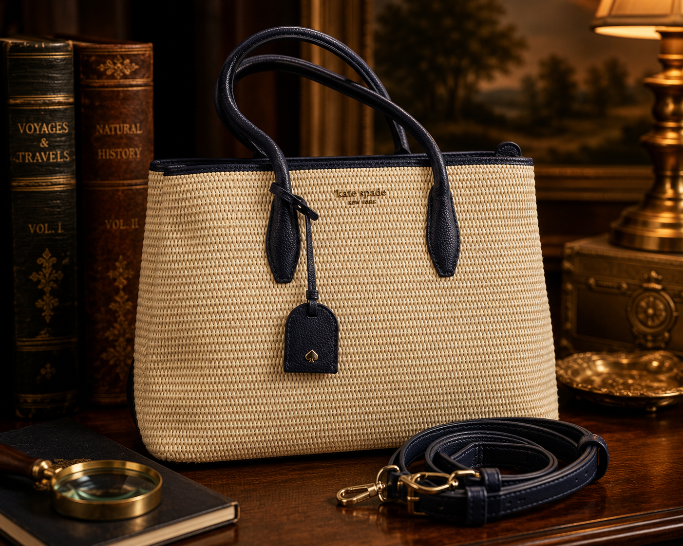 Kate Spade New York Cream Woven Tote Bag with Navy Leather Trim
