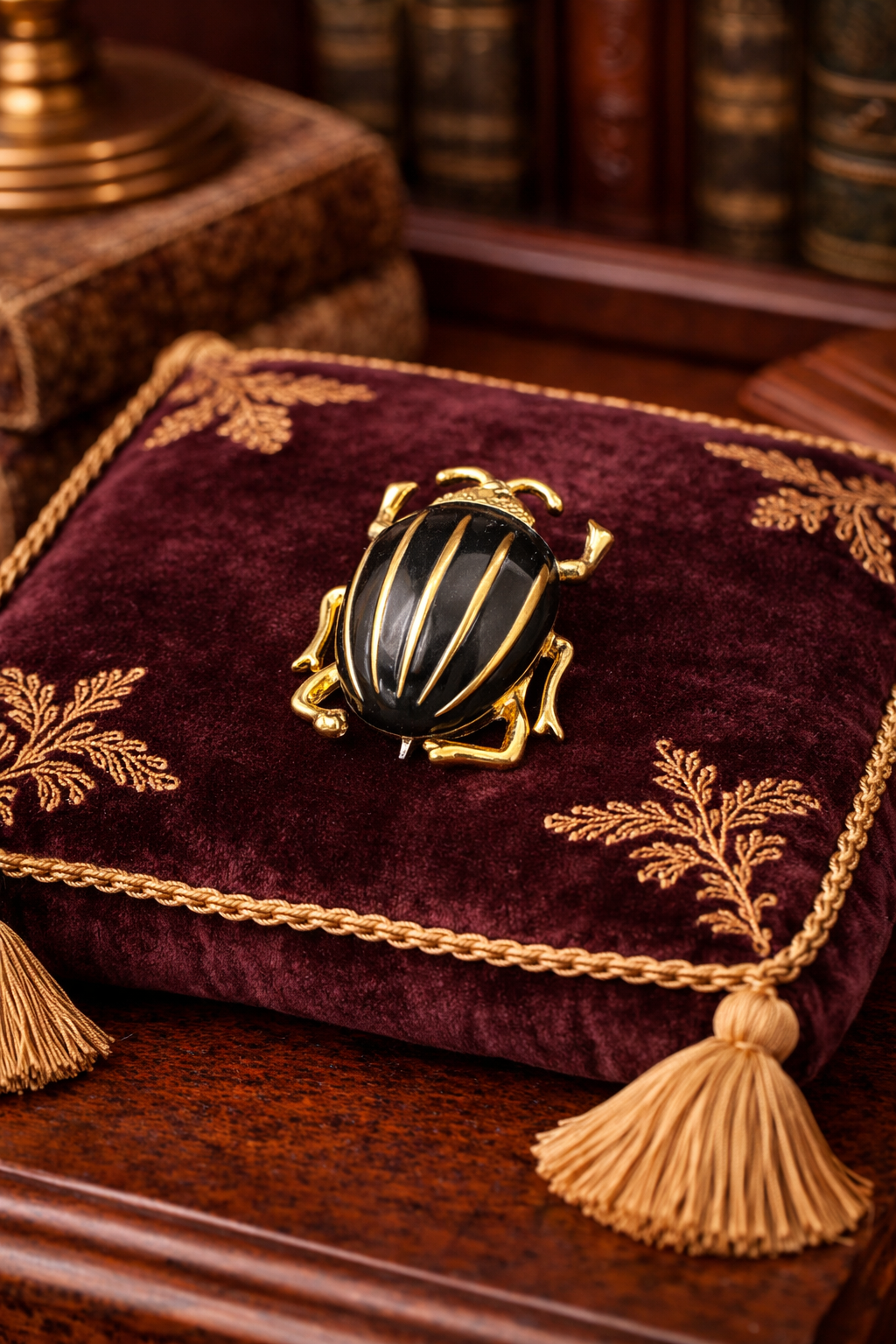 Vintage Gold Tone Black Enamel Beetle Brooch Scarab Style Statement Pin Figural Insect Jewelry Dimensional