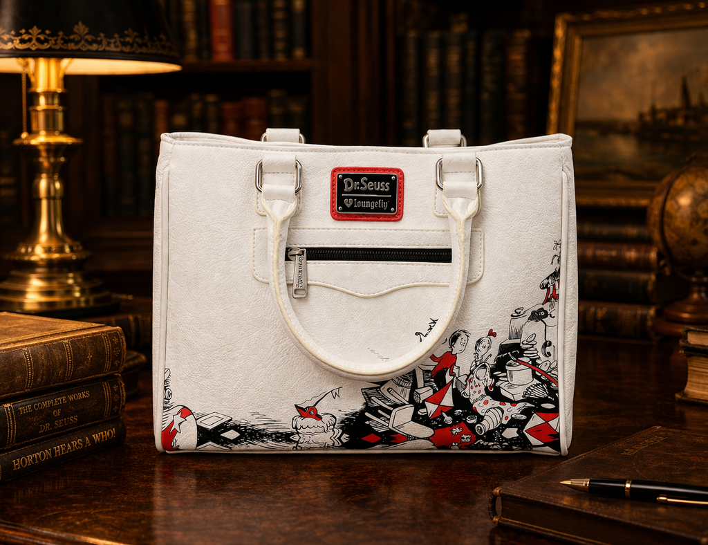 Loungefly Dr. Seuss Cat in the Hat Satchel, White Printed Handbag