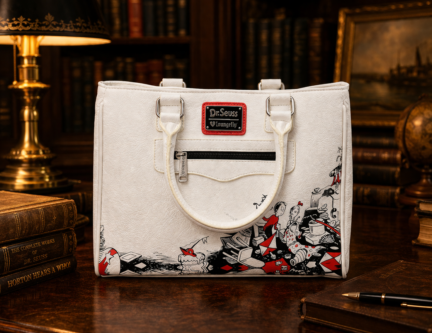 Loungefly Dr. Seuss Cat in the Hat Satchel, White Printed Handbag