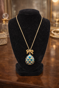 Vintage Avon Gold Tone Bow Necklace with Blue Enamel Egg Pendant, Easter Egg Charm Necklace, Signed Avon Jewelry