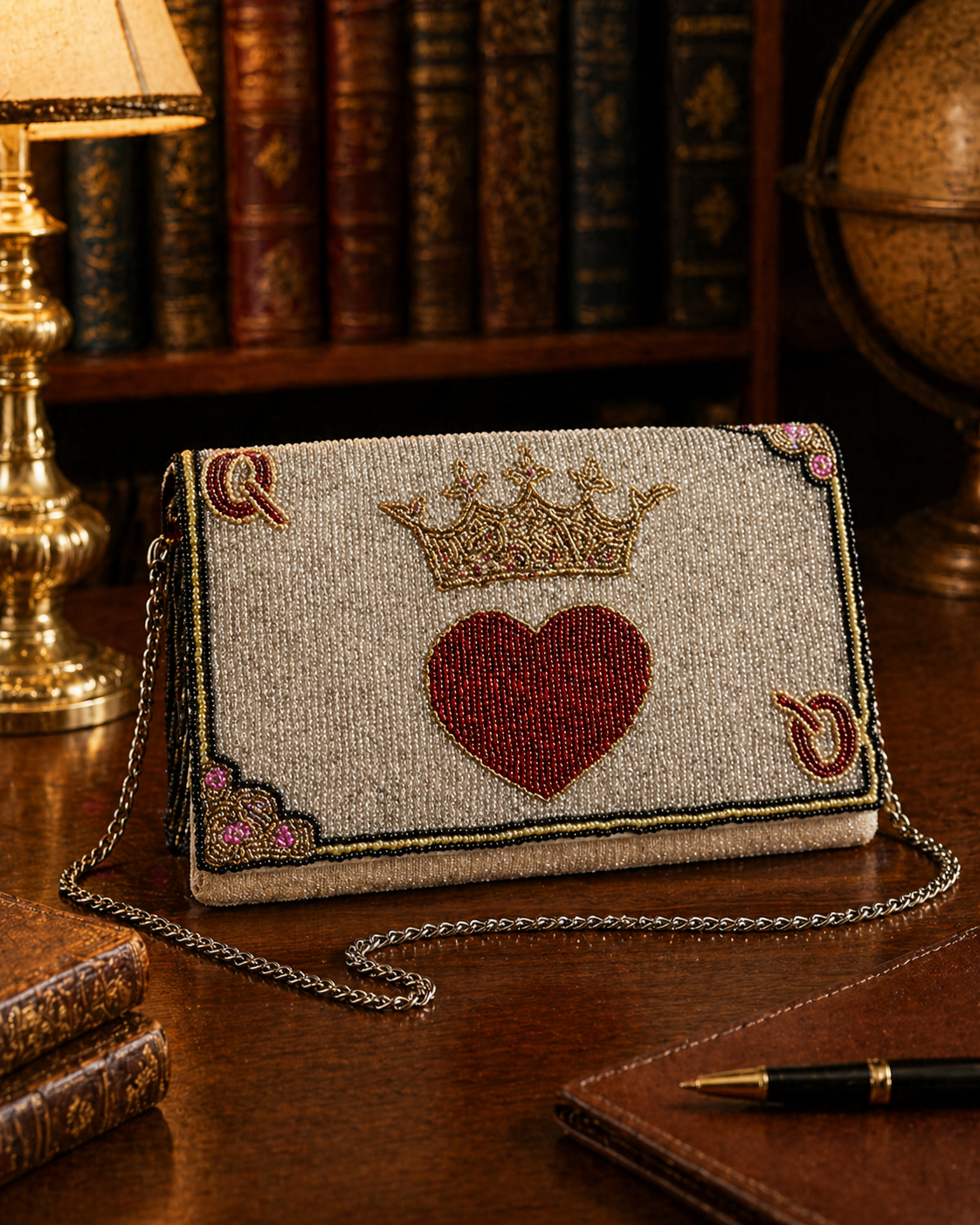 Ansleigh Beaded Queen of Hearts Clutch, Silver Crossbody Bag with Heart & Crown Motif