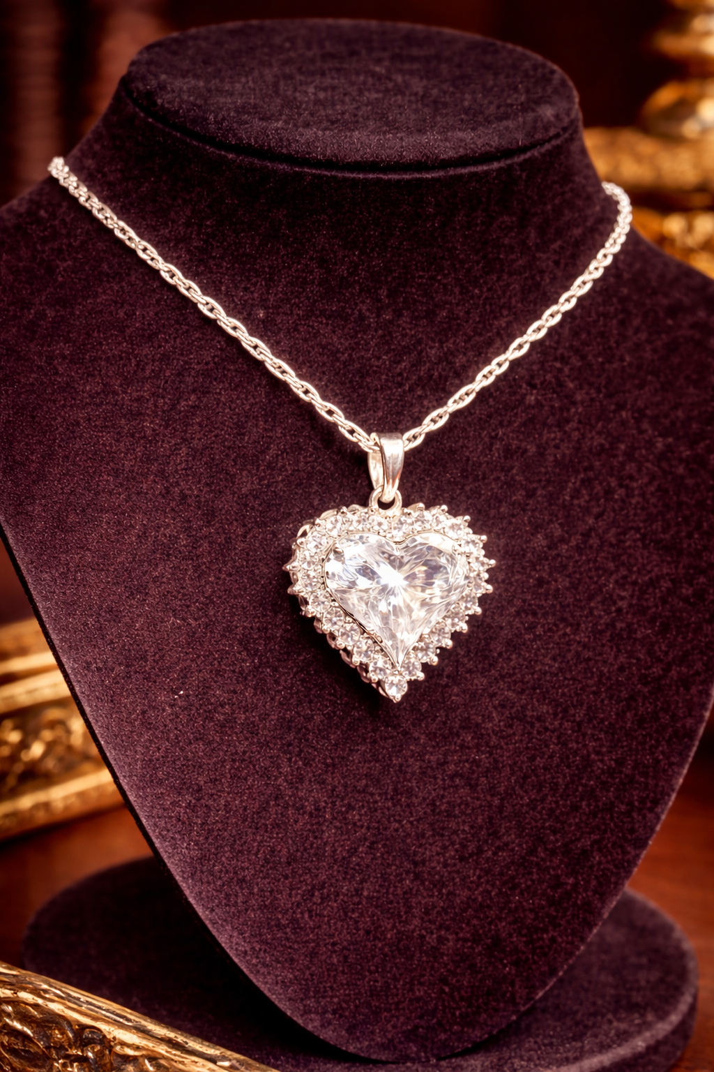 Silver Tone Crystal Heart Pendant Necklace Layered Pave Rhinestone Vintage Style Elegant