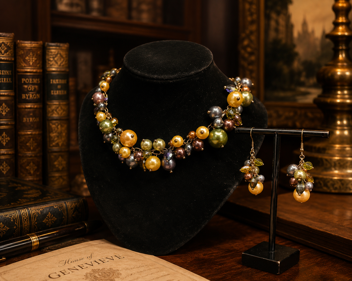 Multicolor Pearl Bead Necklace and Earrings Set with Gold Tone Chain