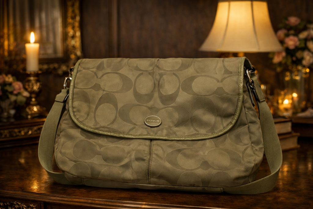 Coach Signature Nylon Crossbody Messenger Bag | Olive Green Lightweight Travel Tablet Bag
