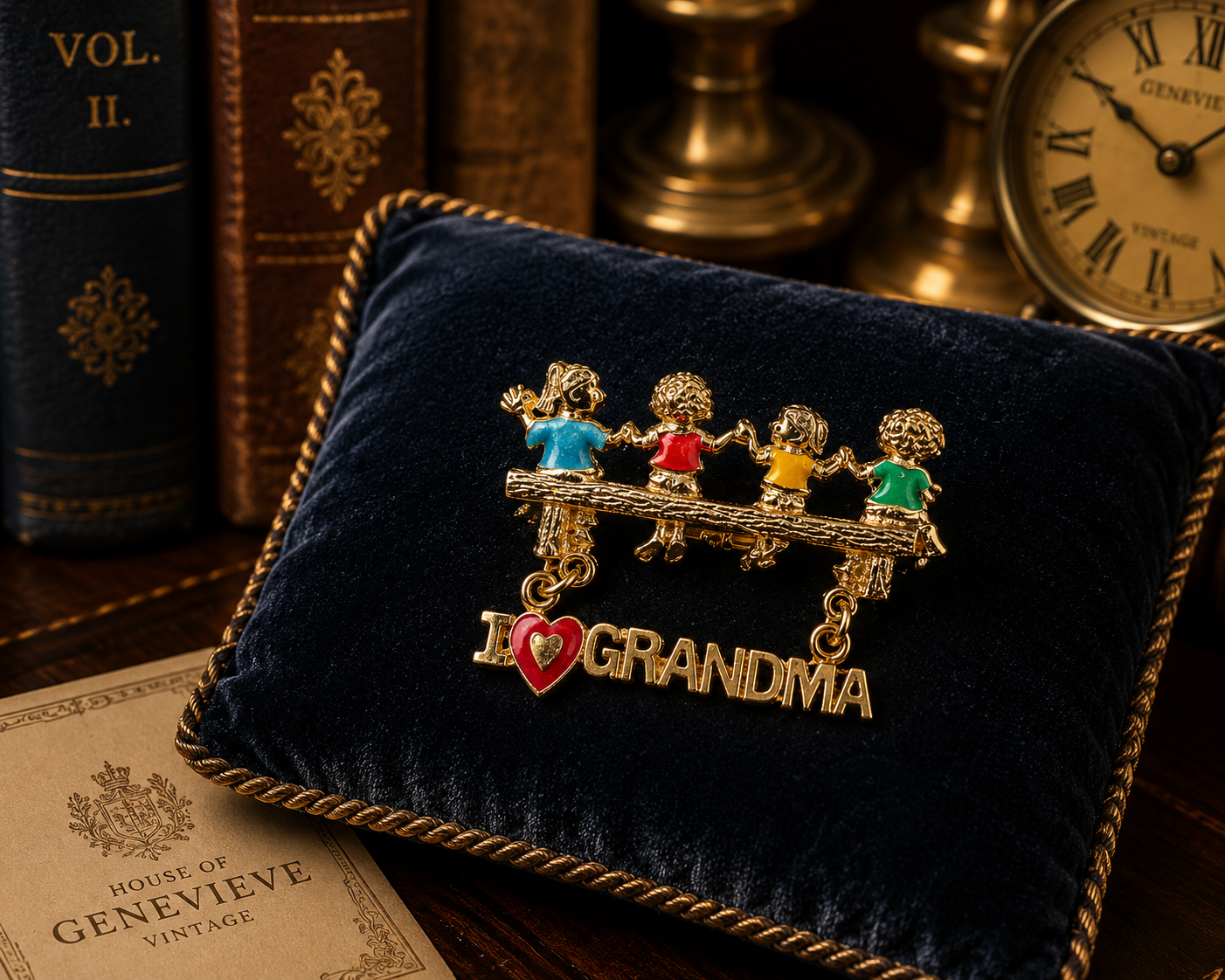 Gold Tone I Love Grandma Figural Brooch with Enamel Children Detail