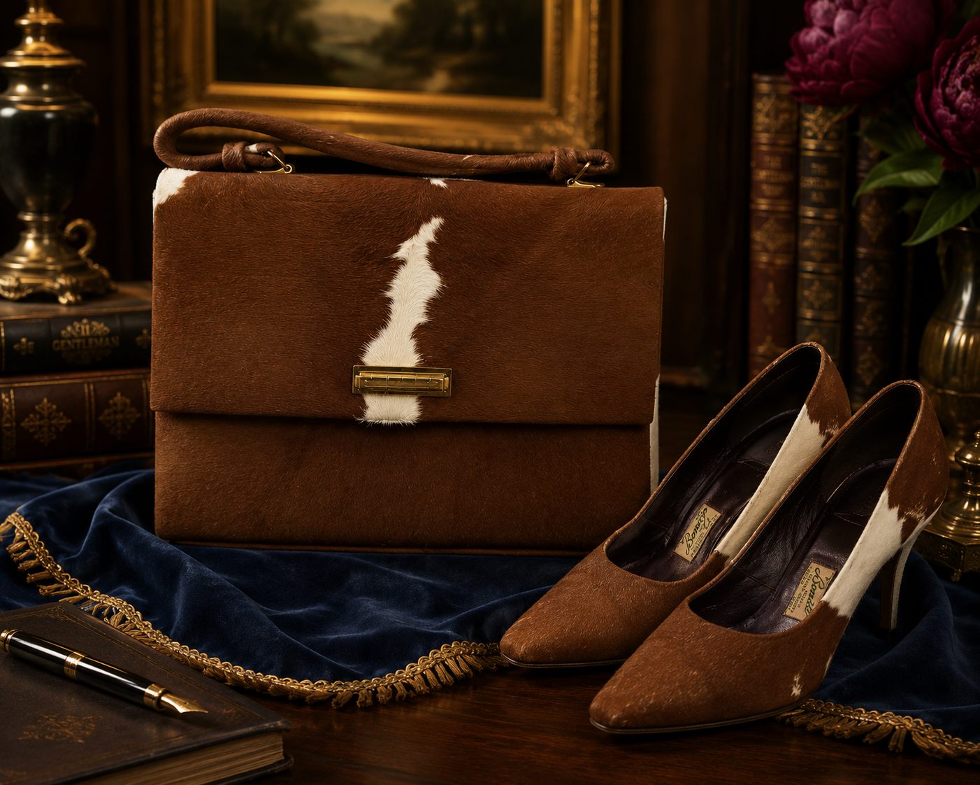 Vintage PYMSA Cowhide Shoulder Bag with Matching Bonita Cowhide Heels Set Made in Mexico