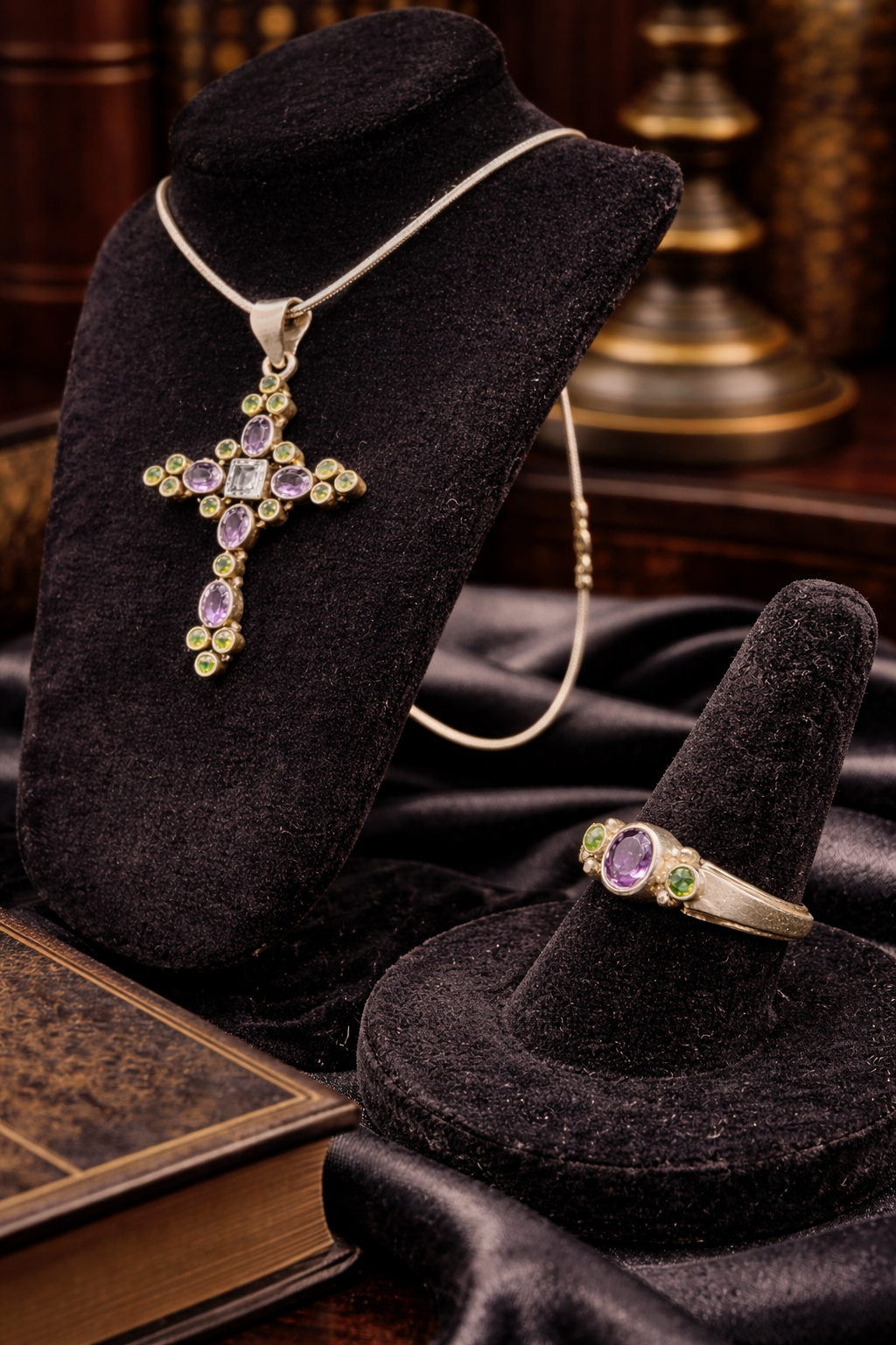 925 Sterling Silver Amethyst Peridot White Topaz Cross Pendant Necklace Ring Set Vintage Gemstone Jewelry