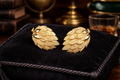 Crown Trifari Gold Tone Layered Leaf Clip Earrings Textured Botanical Vintage Designer Jewelry