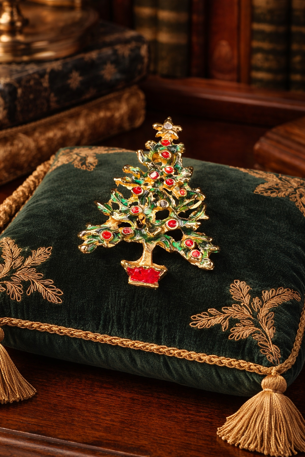 Vintage Christmas Gold Tone Tree Brooch Red and Green Enamel