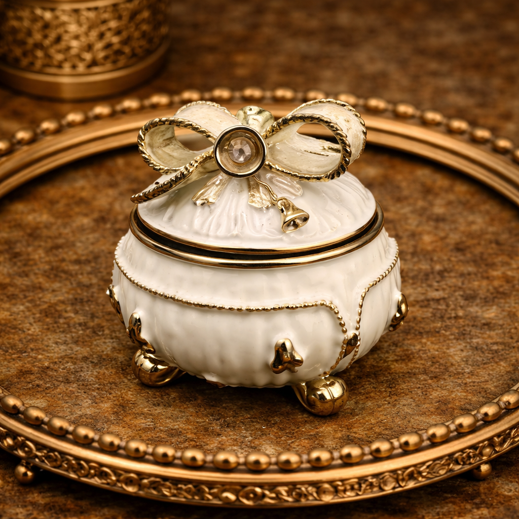 Enamel Gift Box Magnetic Trinket Box Ivory Finish Bow Lid Crystal Accent