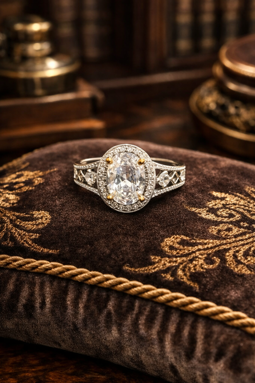 Silver Tone Clear Crystal Ring Oval Halo Statement Openwork Band Design