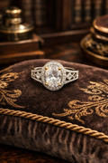 Silver Tone Clear Crystal Ring Oval Halo Statement Openwork Band Design