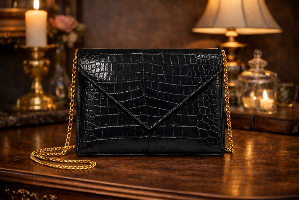 Oscar D'Argent Paris Black Croc Embossed Envelope Clutch | Vintage Gold Chain Shoulder Bag