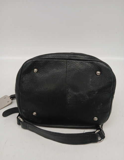 B. Makowsky Black Drawstring Leather Purse with Silver Hardware and Leopard Interior
