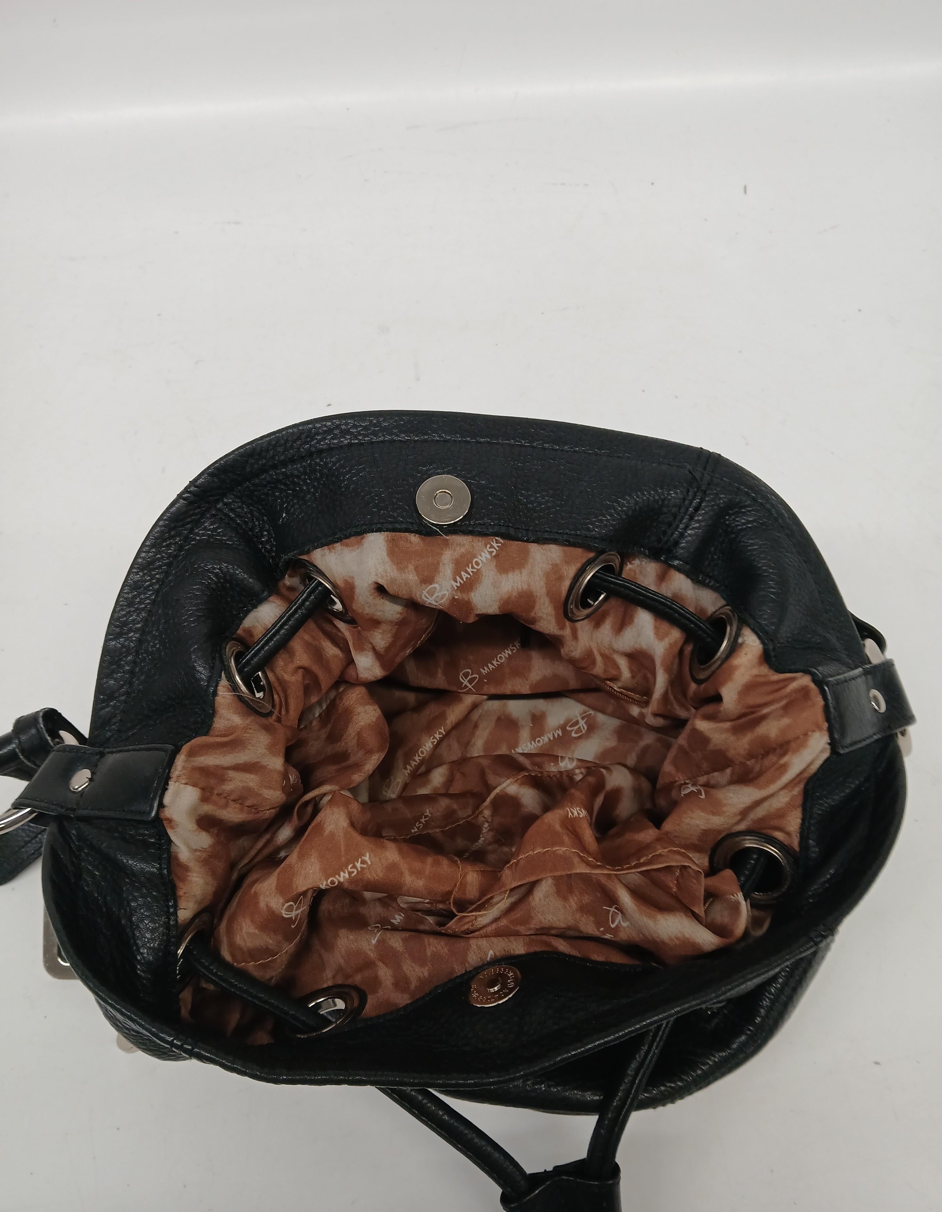 B. Makowsky Black Drawstring Leather Purse with Silver Hardware and Leopard Interior