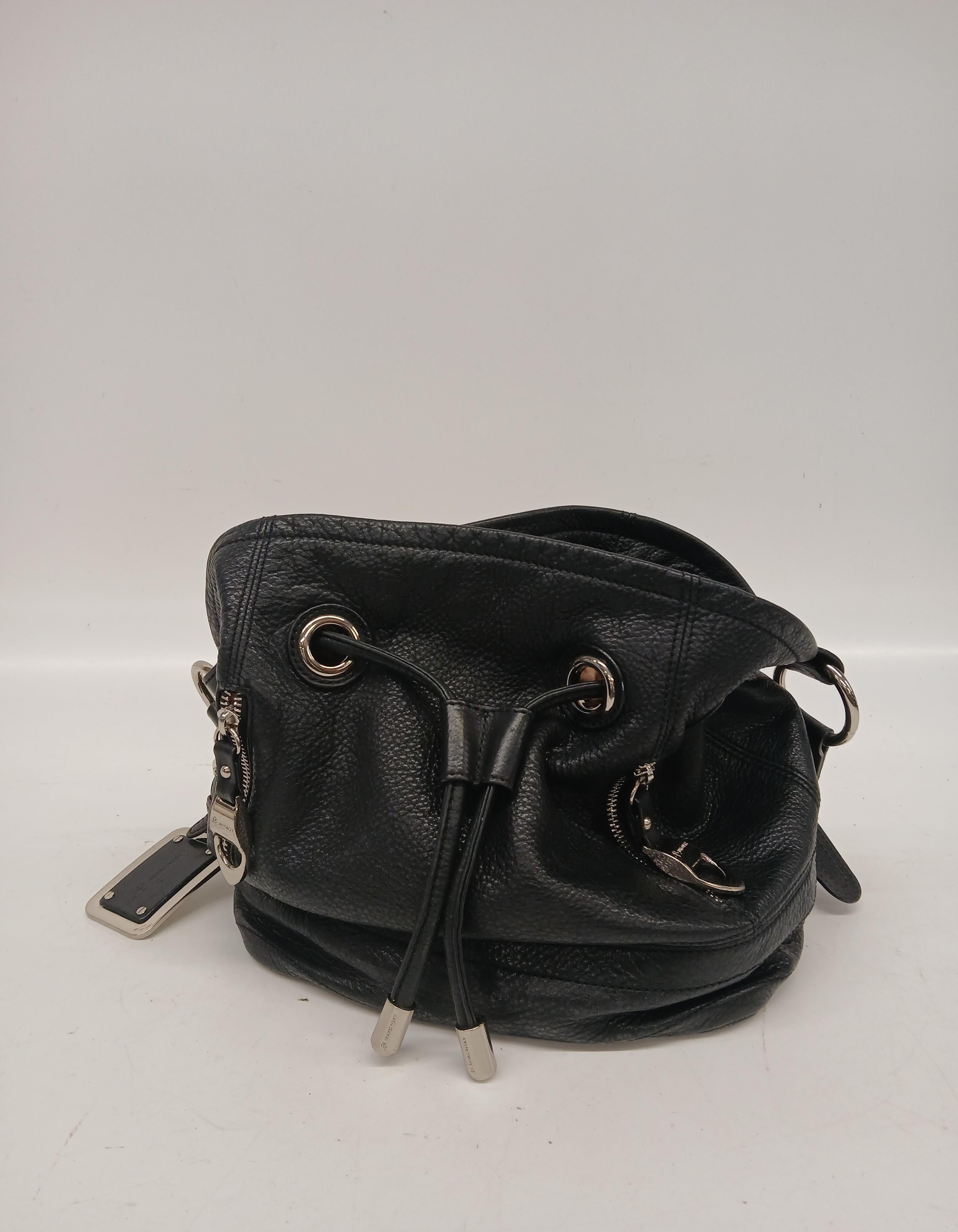 B. Makowsky Black Drawstring Leather Purse with Silver Hardware and Leopard Interior