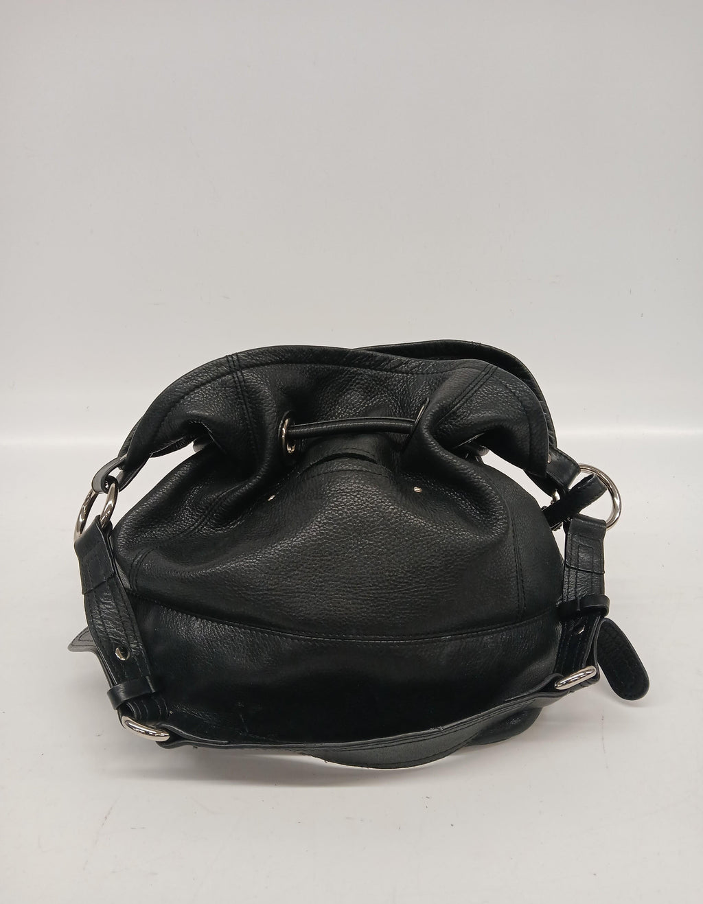 B. Makowsky Black Drawstring Leather Purse with Silver Hardware and Leopard Interior