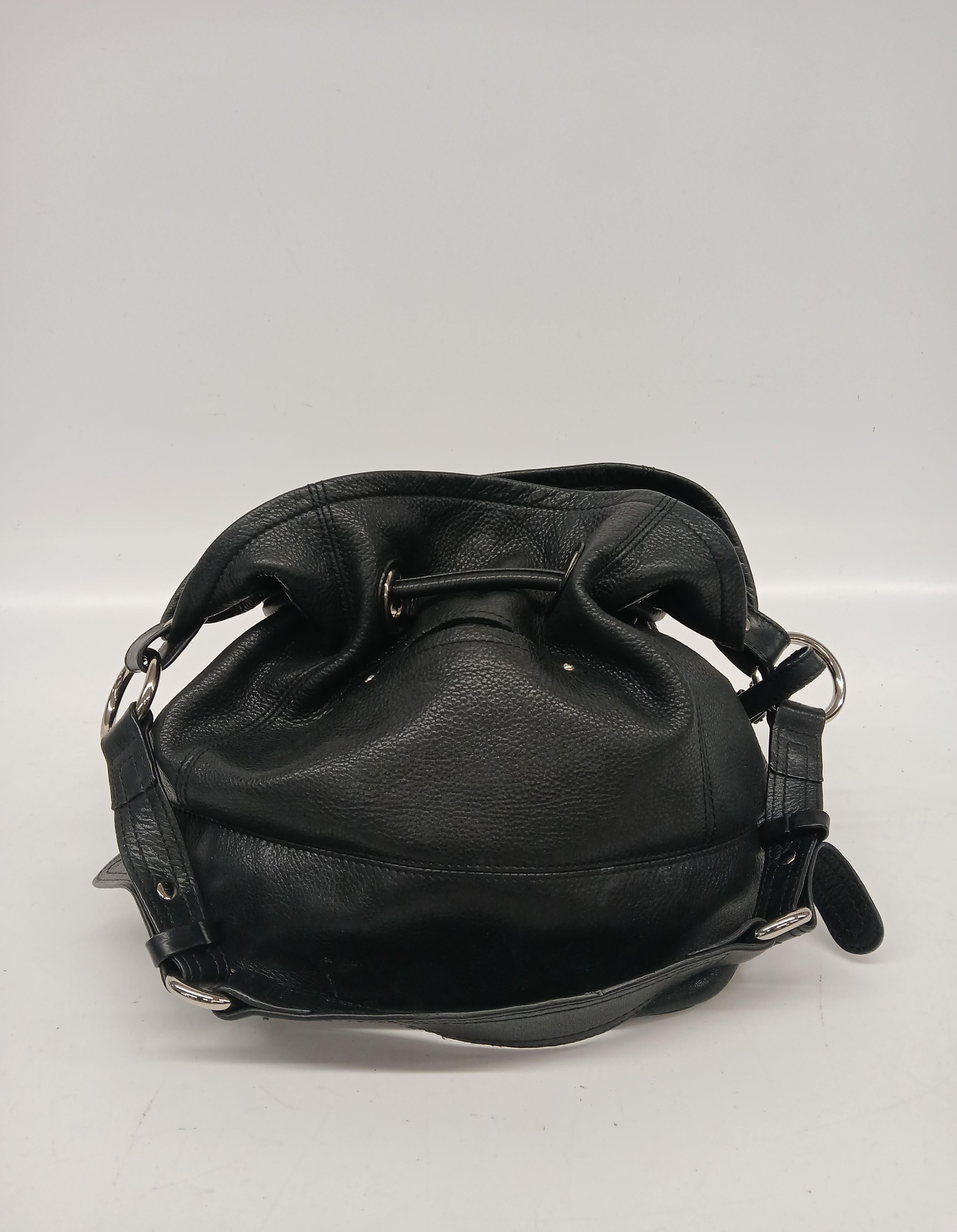 B. Makowsky Black Drawstring Leather Purse with Silver Hardware and Leopard Interior