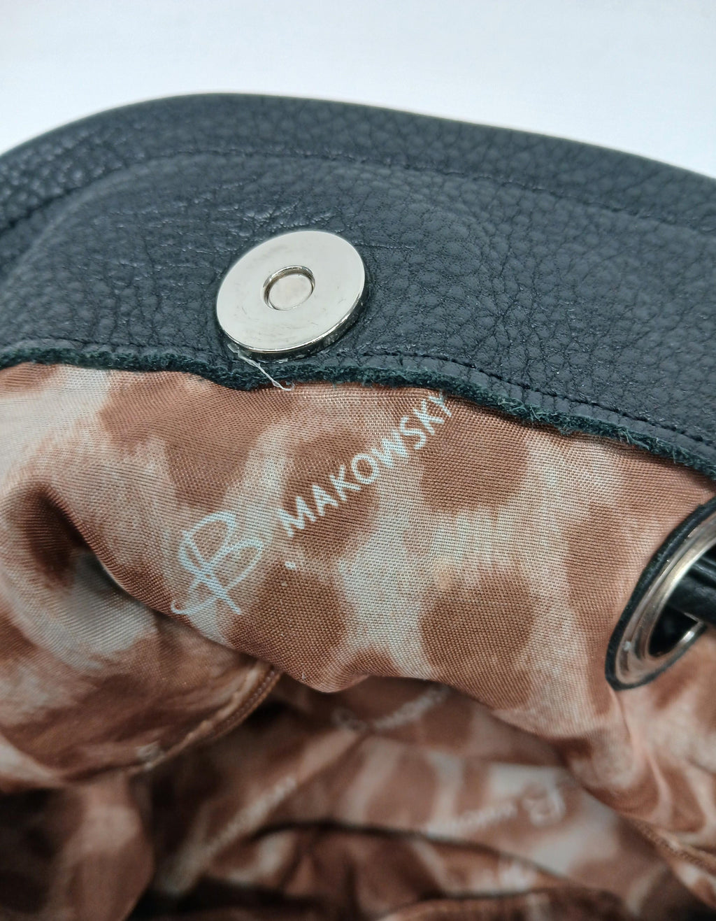 B. Makowsky Black Drawstring Leather Purse with Silver Hardware and Leopard Interior