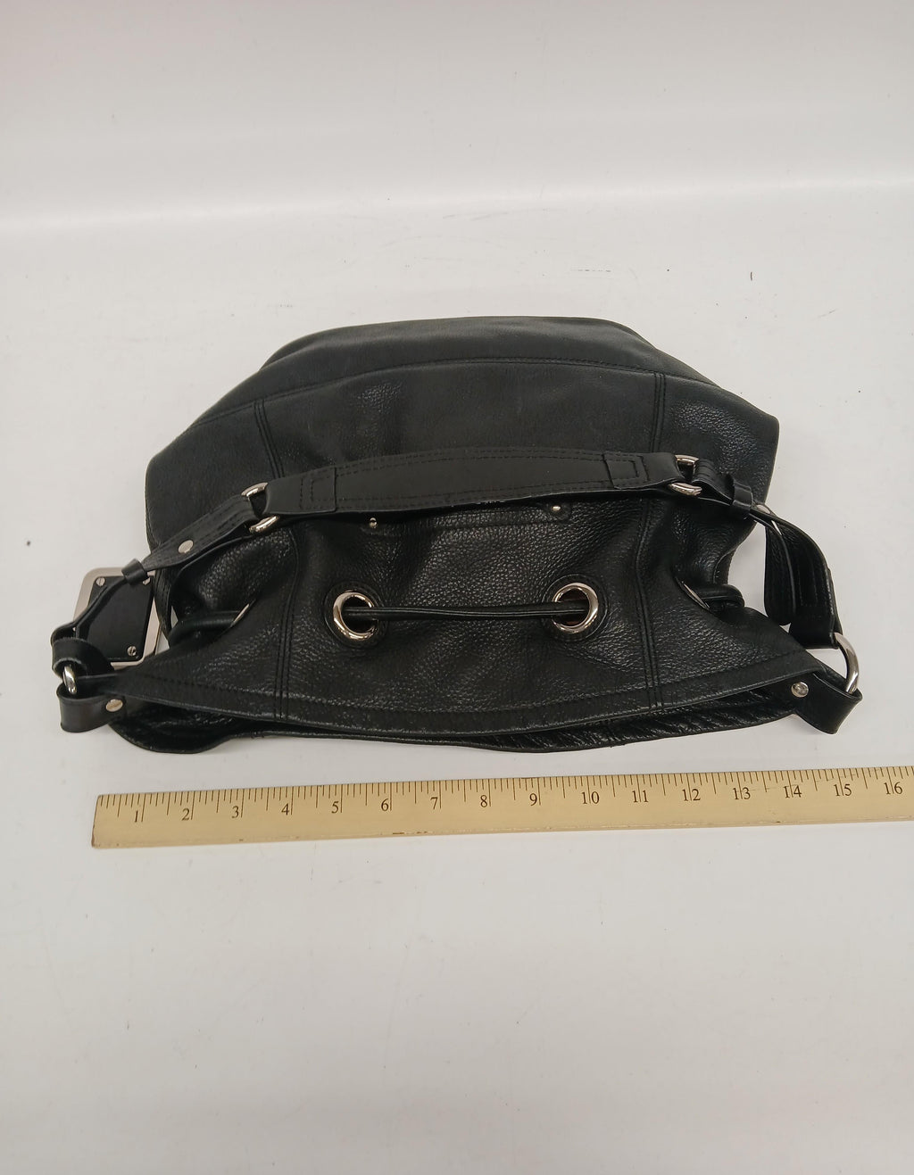 B. Makowsky Black Drawstring Leather Purse with Silver Hardware and Leopard Interior