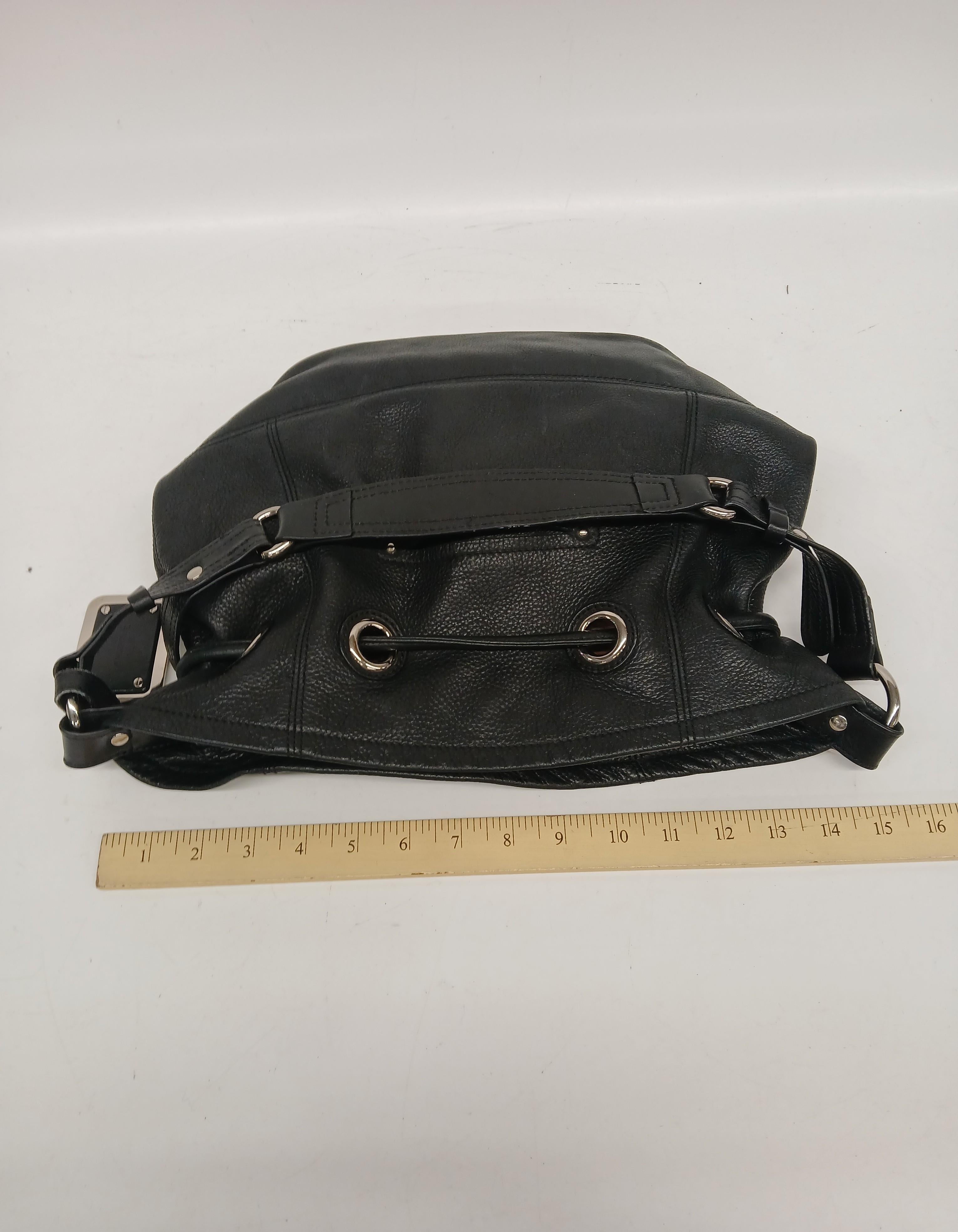 B. Makowsky Black Drawstring Leather Purse with Silver Hardware and Leopard Interior